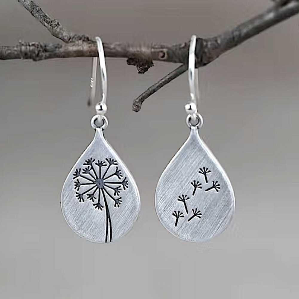 Silver Dandelion Flower Handcarved Textured Seed Earrings